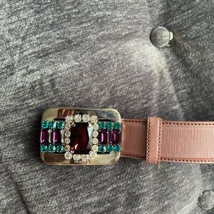 Auth. PRADA metallic dust pink leather belt with stone buckle, new without tags